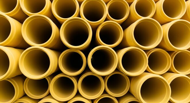 yellow wide long sewer pipes tubes network creating a stack pattern