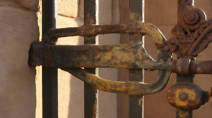 Aged metal gate latch and ornate scrollwork rusty