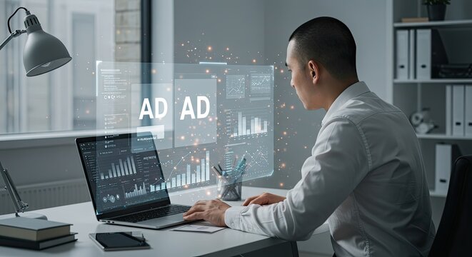 Digital Advertising Campaign Performance Analysis: Marketer Analyzing an Online Ad Campaign with a Holographic UI Showing Rising Bar Charts, PPC, and Marketing ROI Metrics. - Powered by Adobe