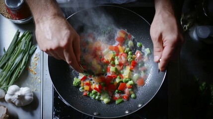 Cooking flavorful vegetables in a sizzling pan, steam rising amidst an array of colorful ingredients, showcasing a culinary experience that excites the senses and highlights fresh produce.