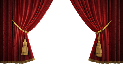 Red velvet curtains with golden tassels opened wide