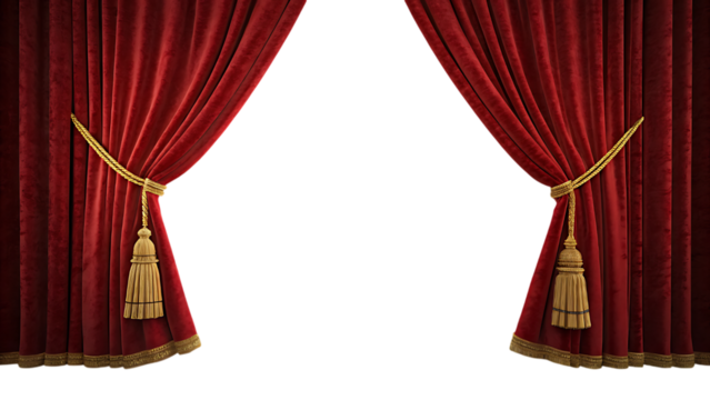 Red velvet curtains with golden tassels opened wide