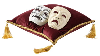 Two drama masks on a red velvet cushion with tassels
