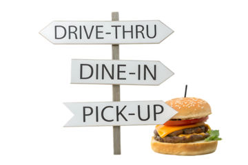 Drive thru dine in pick up sign with a burger image