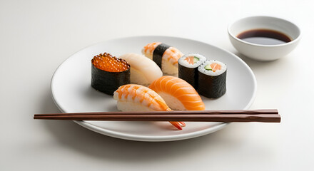 A delightful plate of assorted sushi and a soy sauce dish with chopsticks on a white background