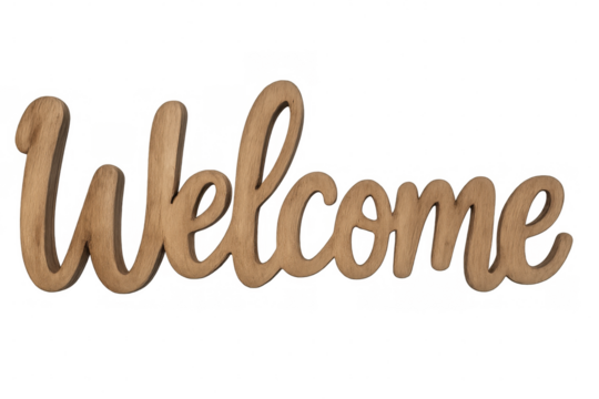 Rustic wooden welcome sign hanging with decorative lettering, welcoming visitors with charming handcrafted design - Powered by Adobe