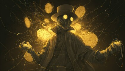 Enigmatic figure manipulating time with ethereal clocks and illuminated strands of energy