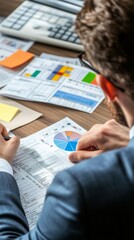 Financial analyst reviewing complex business performance charts and graphs with detailed pie and bar data visualizations at modern workplace