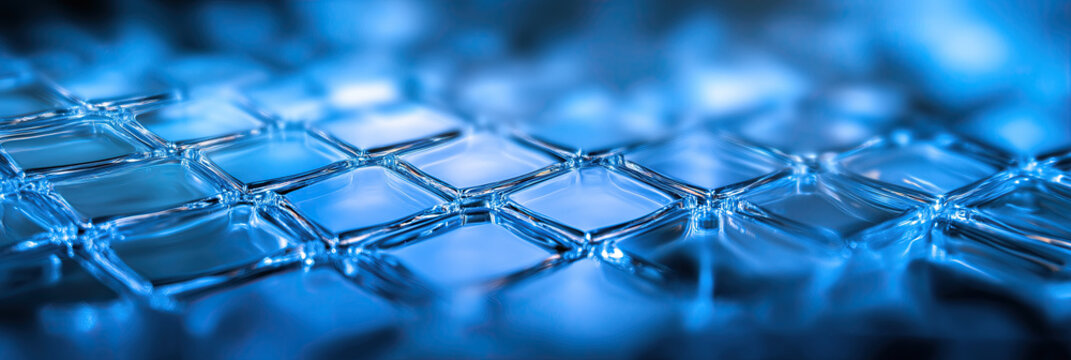  Reflective glass tiles arranged neatly glowing under cold futuristic blue light