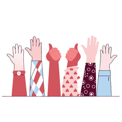 Fototapeta premium Diverse hands raised in agreement and support with thumbs up