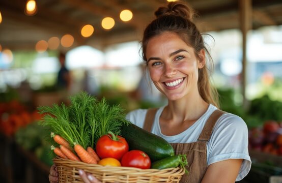 Smiling woman holds basket filled with fresh vegetables. Happy girl at market, smiling, joy. Tomatoes, carrots, cucumber in harvest basket. Fresh organic produce, local farm, healthy eating, - Powered by Adobe