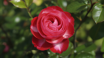 Red rose with white edges and water droplet petals