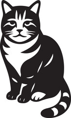 Seated tabby cat black and white artwork, Stylish sitting cat illustration for design
