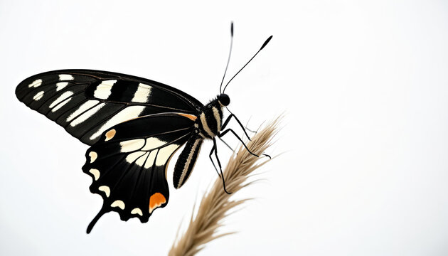 Zebra Longwing butterfly with black, white stripes, orange spots sits on plant stem, isolated against white background. Insect, macro shot, wildlife photography for print, poster, nature magazine,