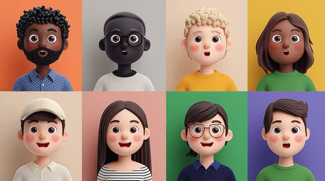 3d cartoon person avatars talking, woman and man characters online meeting horizontal video