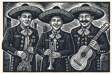 A mariachi band of three musicians with a guitar, violin, and trumpet. Vector illustration in a vintage woodcut or linocut print style for a Mexican theme.