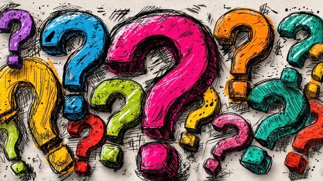 A drawing of many different colored question marks. The drawing is colorful and has a playful, curious mood