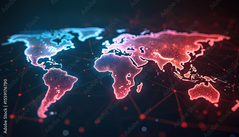 Poster Global internet network connectivity concept map. Abstract digital world map with dots, lines representing connections. AI, cyberspace, ict, three-dimensional globe, background, computer, network,