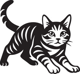 Striped kitten silhouette playful vector design, Cute black and white cat illustration