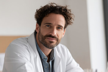 psychiatrist in serene office positioned on left side of frame with calm expression