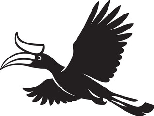 Hornbill in flight silhouette majestic pose, Black and white hornbill bird graphic © jakircreativedesign