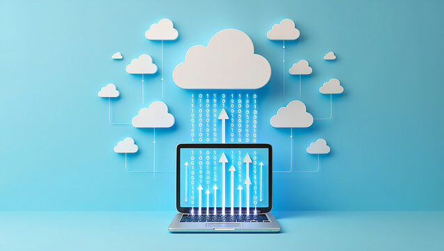 Cloud computing and storage concepts are illustrated with city buildings, a laptop, and data icons, symbolizing business technology and internet communication, AI generated