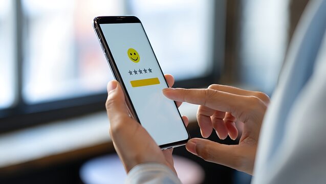 Close up of a person s hands holding a smartphone and interacting with a five star rating system with a smiley face icon