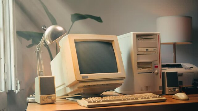 Retro pc computer gaming, Desktop vintage with loading code console, programmer making scripts, green basic screen, Old computer studio close-up, retro wave display, late 90s PC.