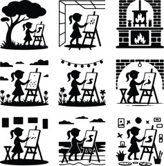 Young Artist Vector Icons – Girl Drawing and Painting Silhouette Girl Painting on Canvas Silhouette Set – Creative Art Icon Collection