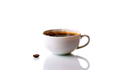 A cup of black coffee with steam and a single coffee bean on a white reflective surface studio shot