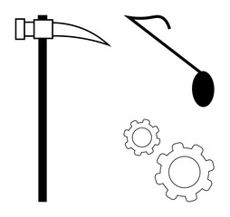 Pickaxe, sickle, and gears representing industry, agriculture, and technology. Ideal for labor, tools, engineering, farming machinery industrial progress simple landing page