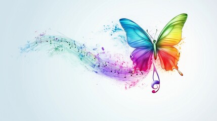 Creative illustration of a rainbow-colored musical note turning into a butterfly mid-air, set against a clean pale blue background, symbolizing freedom, creativity, and emotional transformation 
