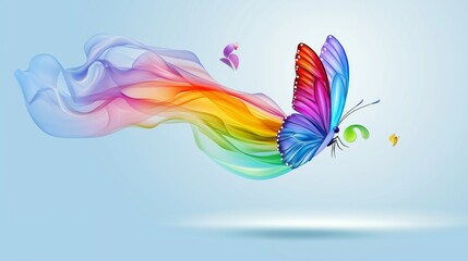Surreal illustration of a rainbow-colored musical note transforming into a flying butterfly against a soft blue background, symbolizing emotional freedom, creative harmony, and sound’s healing express