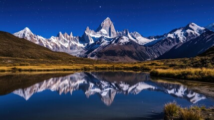 Majestic mountain peaks reflected in a tranquil lake under a starlit sky
