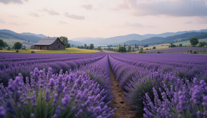 Fototapeta premium Lavender field stretches towards a barn with mountains in the distance under a cloudy sky view