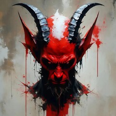 Art illustration: portrait of a scary and gloomy red devil. Paint stains on canvas
