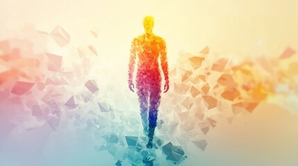 Close-up illustrated silhouette of a human figure made from multicolored crystal facets, softly glowing in a clean light background, symbolizing inner strength, mental clarity, and emotional 