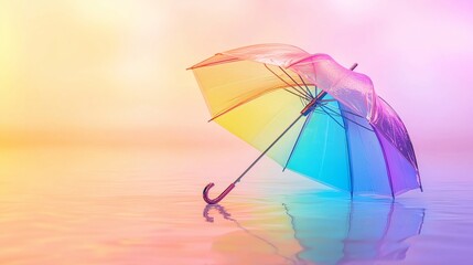 Fantasy-style illustration of a transparent rainbow umbrella floating mid-air with light reflections on a clean pastel gradient background, symbolizing emotional protection, resilience, and colorful 