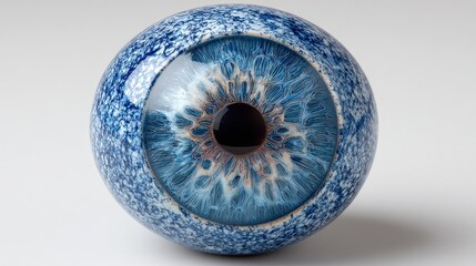 This striking ceramic art piece embodies a blue eye design, showcasing detailed textures and vibrant patterns, set against a clean, neutral background, highlighting its craftsmanship.