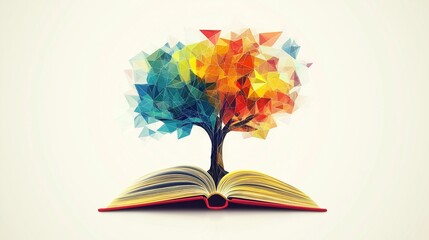 Creative illustration of an open book with a tree made of multicolored geometric leaves growing from it, placed on a clean flat background, symbolizing knowledge, imagination, and structured emotional