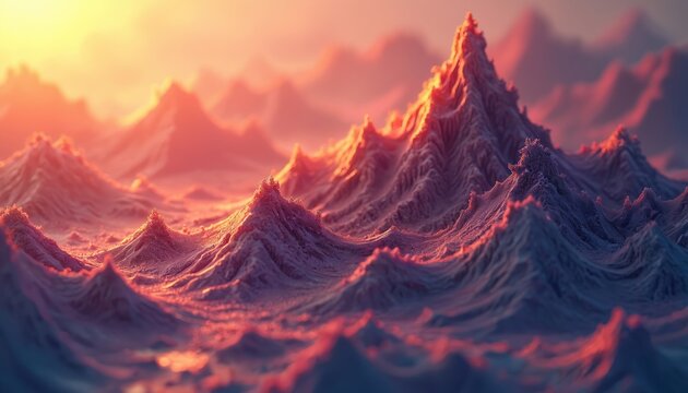 Abstract illustration mountain range. Sunset sunrise concept finance, stock market, investment, growth. Economic success, rise, profit, business. Financial data visualization. Conceptual art.