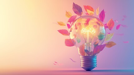 Illustration of a glowing lightbulb with multicolored leaves sprouting from it, floating in a soft pastel background, symbolizing the growth of ideas, emotional wellness, and creative mental energy