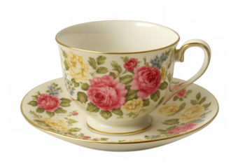 Empty tea cup and saucer with floral decoration, isolated on transparent background, ready for your design or mockup