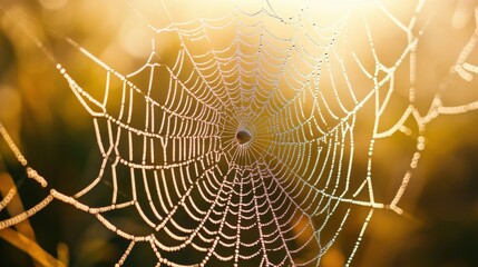 A Dew Covered Spiderweb Against a Golden Hued Background