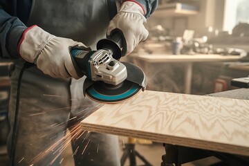 Skilled Craftsman Using Angle Grinder on Plywood