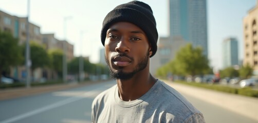Confident black man stands urban city street. Young African American male model in modern casual wear with beanie. Urban lifestyle portrait, fashion style, handsome look, city backdrop.