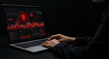 Cyber Attack Detection and Network Security Threat: Analyst Monitoring a Futuristic Interface with Red Warning Icons Indicating a Malware or Data Breach Cyber Attack.