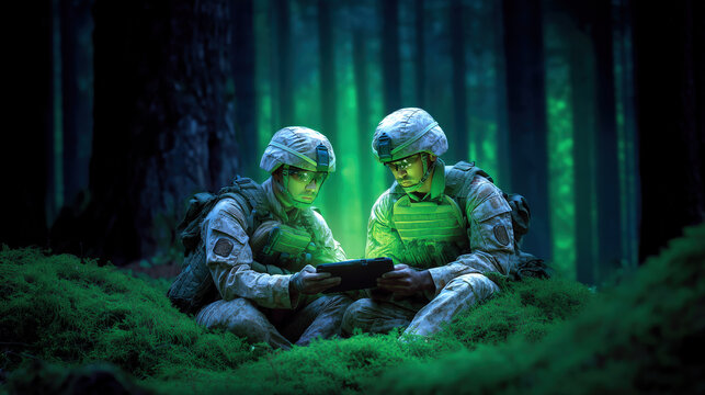 Two soldiers in camouflage uniforms sit in forest at night, illuminated by glowing tablet. scene is serene yet intense, highlighting technology in military operations - Powered by Adobe