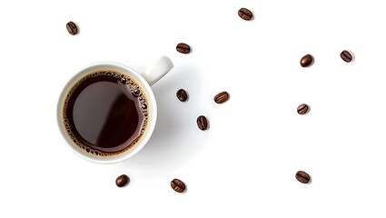 Aerial view of black coffee in a white cup surrounded by coffee beans on a white background surface
