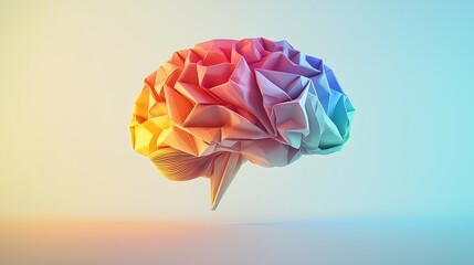 Illustrated multicolored origami brain floating on a clean white background, with glowing folded facets, symbolizing structured creativity, emotional intelligence, and mental clarity through 